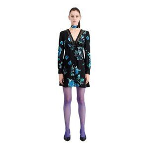 The Kooples Black & Blue Floral Print V-Neck Lace Trim Buttoned Mini Dress